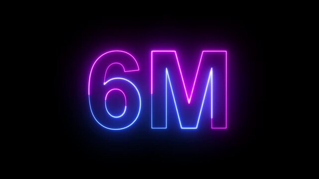 6M Blue and Pink Neon Milestone Animation with Glowing Number on Dark Background. Ideal for subscriber celebrations, social media achievements and digital promotions.