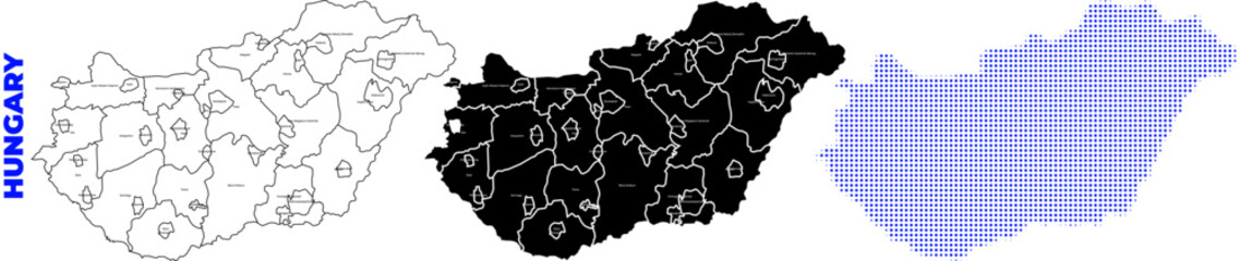 Obraz premium Three stylistic variations of the map of Hungary on white background