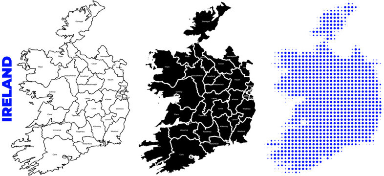 Three stylistic map illustrations of Ireland with county divisions