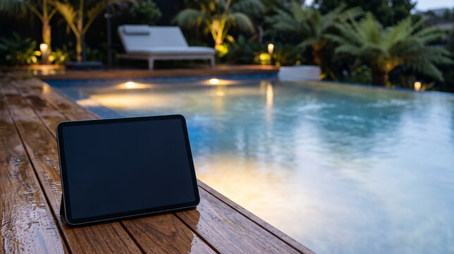 Tablet mockup with blank screen beside luxury swimming pool