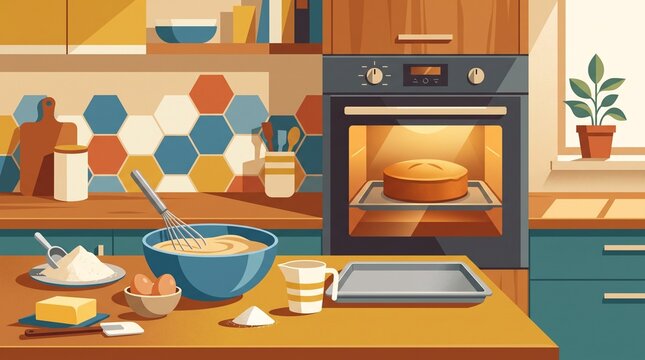 Baking process with flour, eggs, butter, cake batter, mixing tools and oven shown in a warm modern flat design illustration for pastry concepts.
