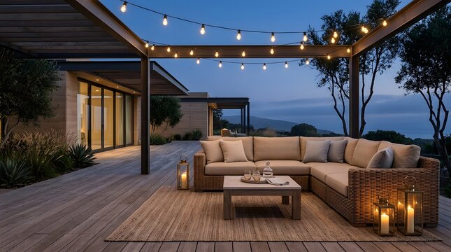 Modular outdoor sofa on wooden deck with string lights at twilight evening patio lounge