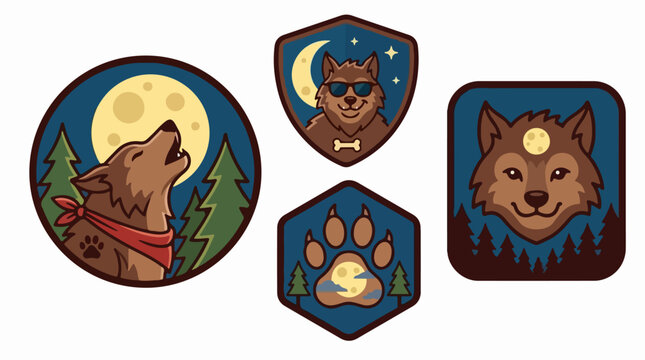 Cartoon Wolf Badges with Moon and Forest Themes