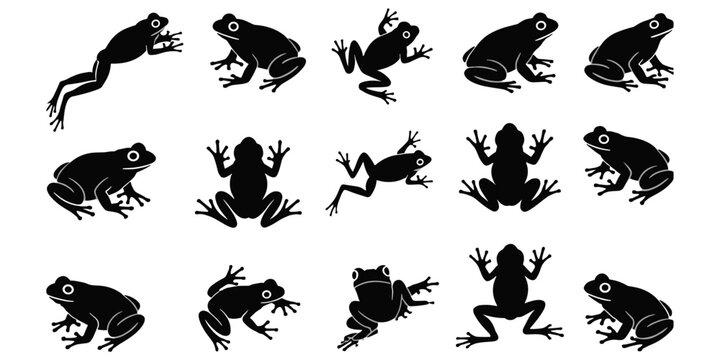 A collection of fifteen black frog silhouettes in various poses isolated on a plain white background