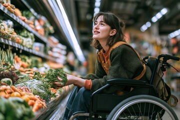 Obraz premium Enjoying fresh greens while exploring a vibrant market in a wheelchair