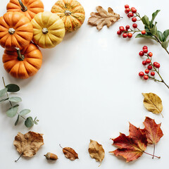 Fototapeta premium Autumn still life with pumpkins leaves and berries on white background