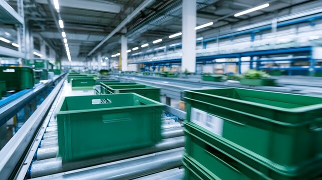 Green plastic crates move along a conveyor belt in a large industrial warehouse with bright overhead lighting