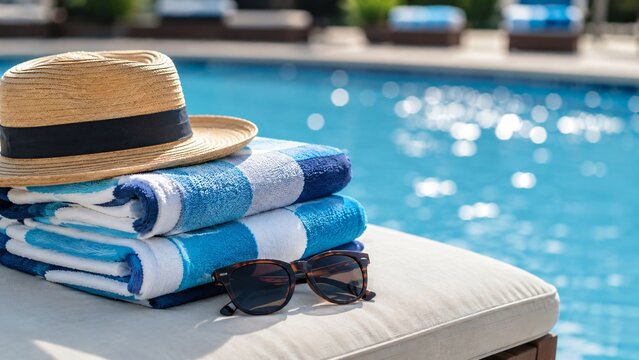Summer poolside scene with straw hat, folded towel, sunglasses, and lounge chair. Relaxation, vacation, travel, and leisure concept with copy space.