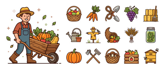 Obraz premium Farmer harvesting autumn vegetables with wheelbarrow.
