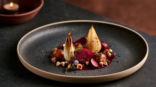  elegant winter cooking event, featuring refined seasonal ingredients, fine-dining plates, candle glow, soft steam, in charcoal, beige, and muted burgundy tones. Sophisticated contemporary German aest