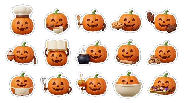 A festive halloween sticker bundle featuring cute cartoon pumpkins with various expressions and fun holiday activities