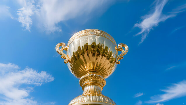 Low Angle Shot of Shiny Golden Trophy Cup Against Blue Sky with Clouds