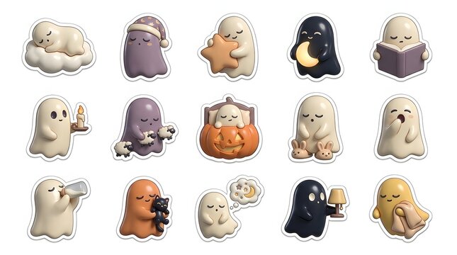 A cute collection of various ghosts forming a fun halloween sticker bundle for seasonal party decorations