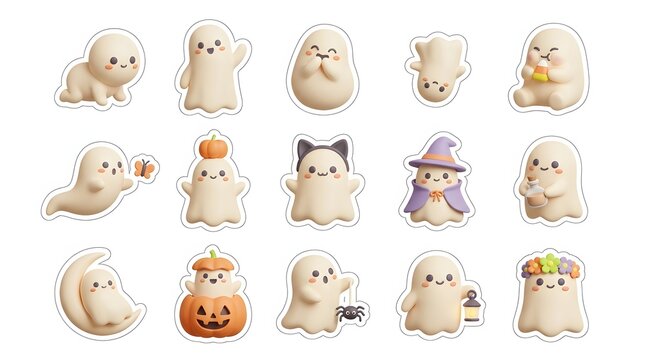 Cute kawaii ghost characters halloween sticker bundle featuring various spooky costumes and fun festive autumn designs