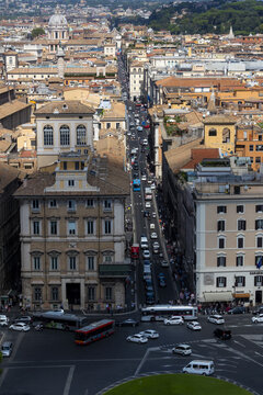 View of the historic streets and dense urban traffic in the heart of Rome, Lazio, Italy.