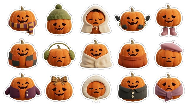 A festive halloween sticker bundle featuring cute pumpkins wearing cozy autumn clothes and winter accessories