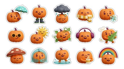 Fototapeta premium Cute kawaii halloween sticker bundle featuring adorable cartoon pumpkins with various funny expressions and festive accessories