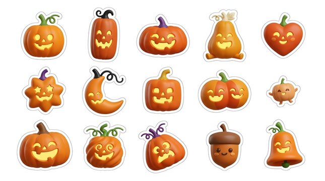 A festive halloween sticker bundle featuring various carved jack o lantern pumpkins with glowing faces