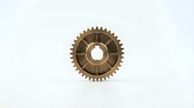 Brass metallic gear with teeth on white background, mechanical