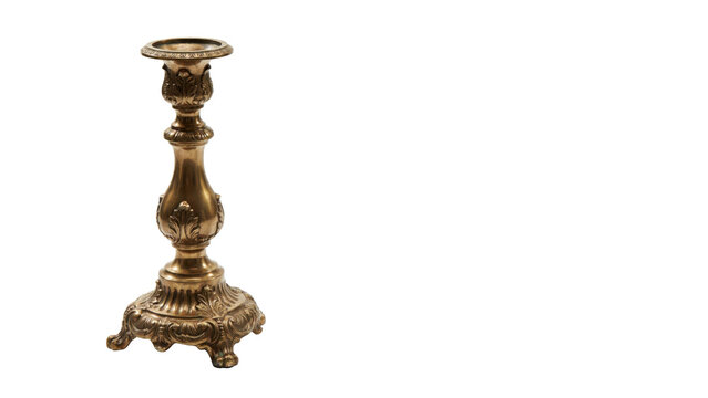 Ornate antique brass candlestick holder with intricate floral engravings and a wide decorative pedestal base isolated on a transparent background