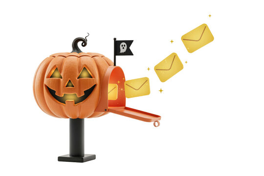 Orange jack-o-lantern pumpkin shaped mailbox with flying yellow envelopes isolated on a transparent background