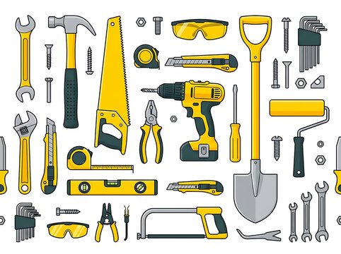 Set of construction tools and repair equipment including hammer drill and saw with hand tools builder tools hardware set diy tools workshop gear maintenance items carpentry tools renovation equ