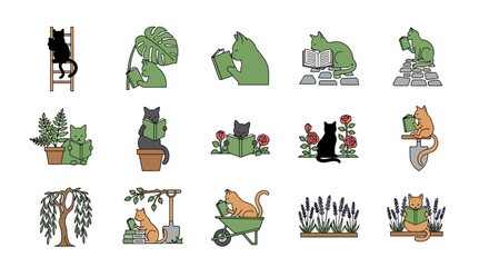 Fototapeta premium Charming Cats Engaging in Various Garden Activities and Playful Poses.