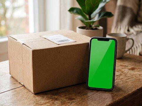 Smartphone with green screen next to cardboard box for e-commerce delivery concept