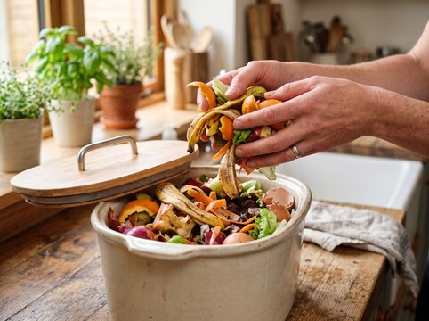 Close up of a person placing organic food scraps into a ceramic composting bin