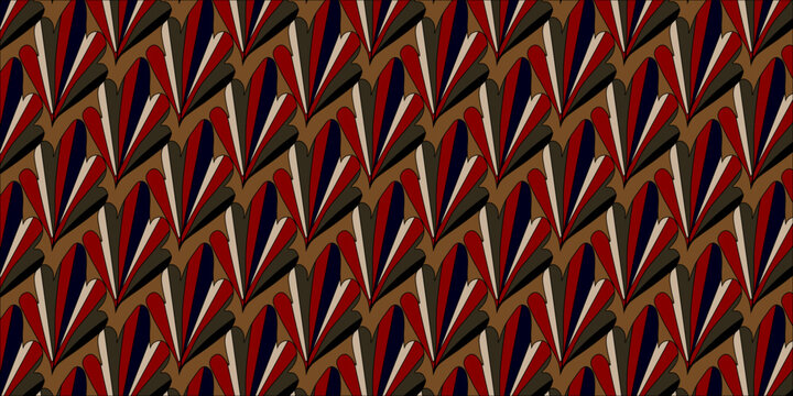 Art Deco seamless pattern with fan shapes, vintage geometric wallpaper in red and brown, elegant retro textile vector background