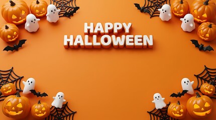 Fototapeta premium Festive halloween decorations with pumpkins ghosts and bats on orange background