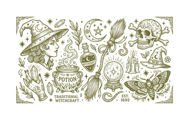 Naklejka premium Vintage nautical tattoo flash set with traditional American-style silhouette
