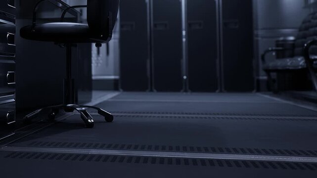 A dark room features a black chair and several storage cabinets. The floor has a textured design and the area has a minimalistic feel. This space may be used for working or meetings.