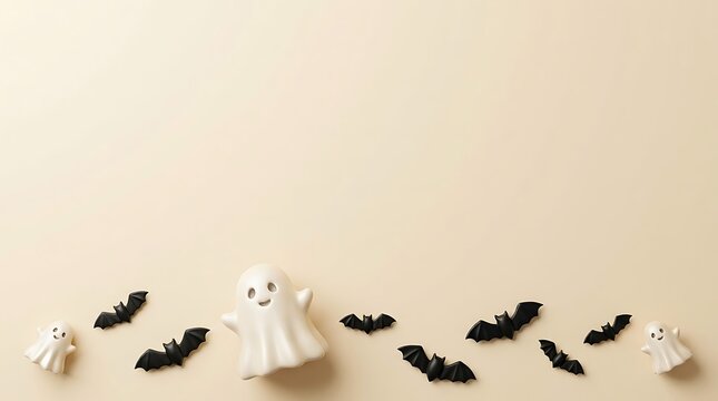 Cute little ghost figures and black flying bats arranged on a solid light beige background for halloween