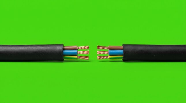 Cut Black Electrical Cable Showing Exposed Copper Wires Isolated