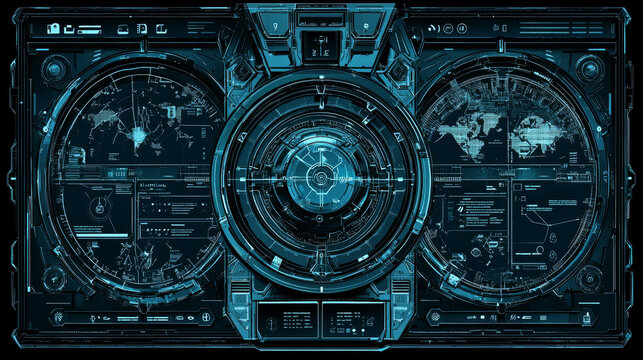 Futuristic dashboard interface with thin blue line work circular digital display world map data visualization high tech glowing cyberpunk technology control panel sci fi