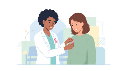 Fototapeta premium Doctor places pink ribbon on patient symbolizing breast cancer awareness and support during medical consultation