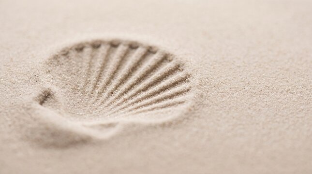 A detailed imprint of a scallop seashell pressed into fine, light-colored beach sand.