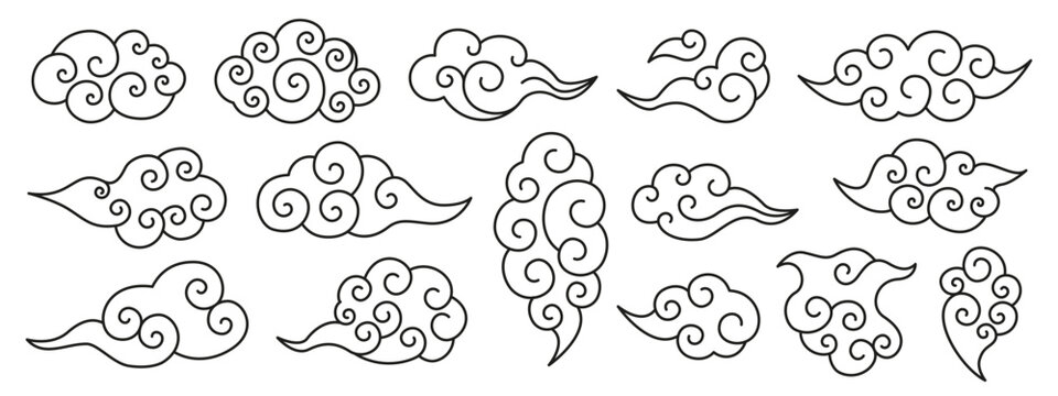Traditional Chinese cloud vector icon set. Asian swirl clouds, oriental decorative line art, Japanese auspicious smoke swirls, vintage tattoo pattern Lunar New Year and Eastern art design elements