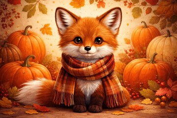 Naklejka premium Adorable fox amidst autumn pumpkins.
