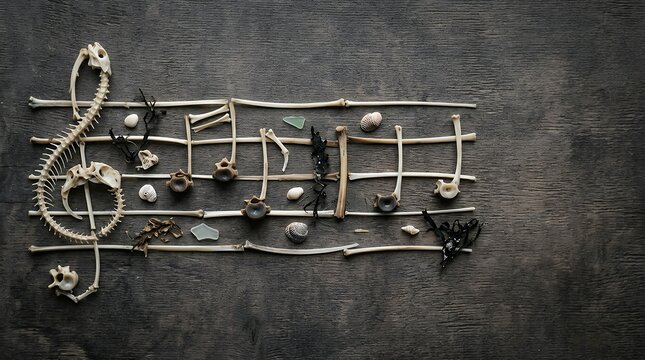 Innovative Marine Skeleton Arrangement Featuring Melodic Notes And Clefs On Solid Surface Overhead View Artistic Layout With Copy Area Background fish bones composition musical symbols notes creative