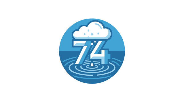 Blue weather badge featuring number seventy four with rain and cloud
