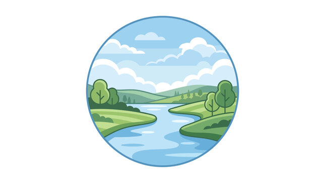 Pixel art circular landscape with winding river and rolling hills