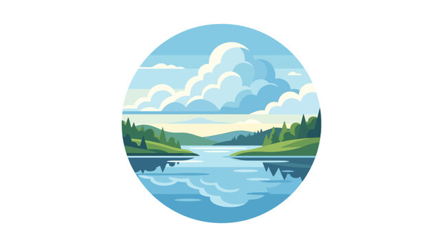 Peaceful pixel art landscape of a calm lake and rolling green hills