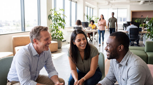 Three attentive coworkers in a supportive circle during a team talk in a bright office for World Mental Health Day, great for internal communication.