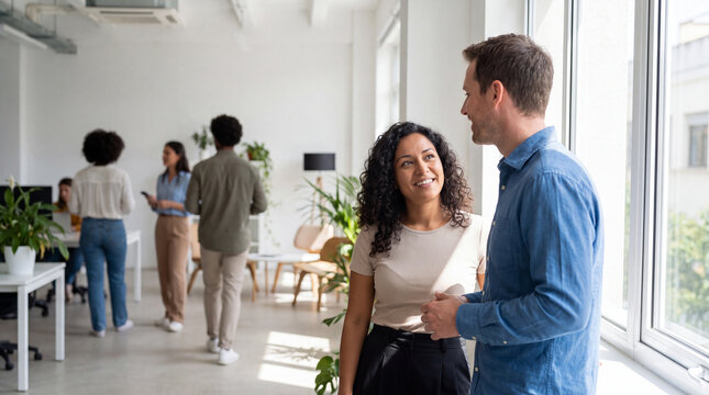 Two business colleagues having a relaxed conversation by a sunny office window for World Mental Health Day, ideal for corporate wellness posters.