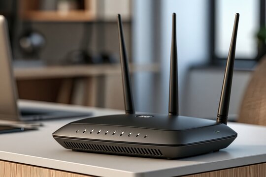 Wireless router on office desk for internet connectivity and network setup