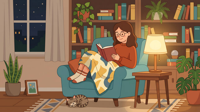 Woman Reading a Book in a Cozy Living Room