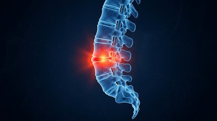Obraz premium 3D Spine Lateral View Showing Glowing Red Herniated Disc Degenerative Disc Disease and Back Pain