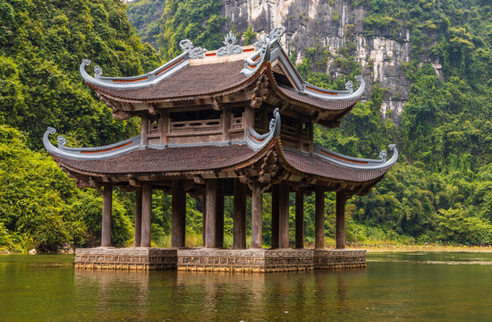 Bich Dong Pagoda on lake in Trang An, Ninh Binh, Vietnam